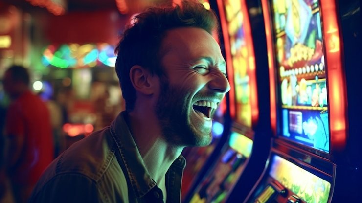 Ekspresi pemain menikmati suasana live casino dengan suasana malam kota di latar belakang